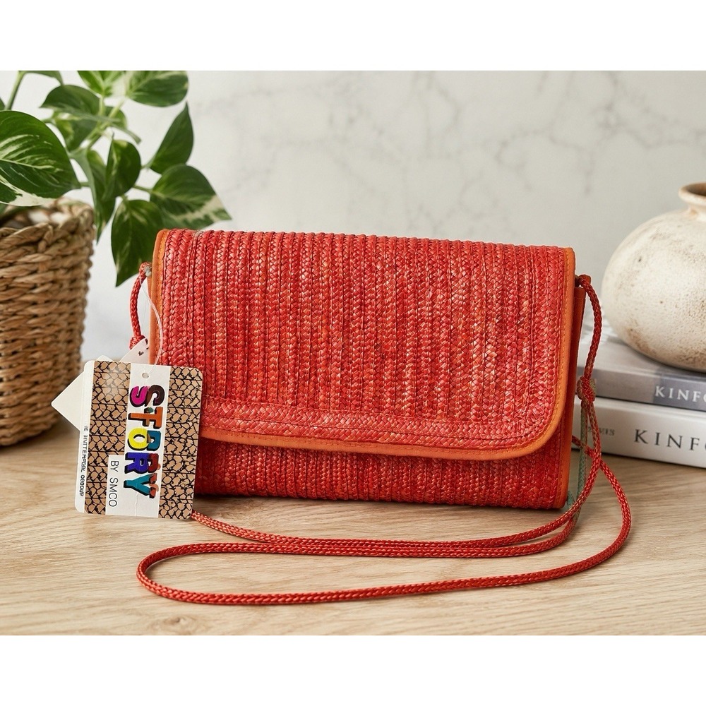 NWT Vintage Straw Woven Clutch Purse Coral Orange Shoulder Bag Boho Summer
